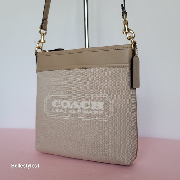 COACH Kitt Badge Jacquard & Smooth Leather Crossbody- Chalk Taupe ⭐ - Picture 4 of 15